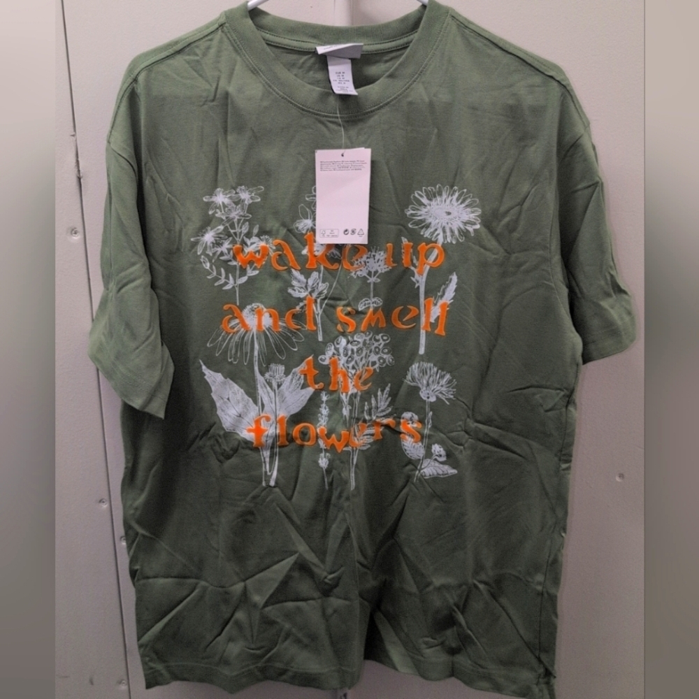 H&M Green Graphic T-Shirt with Floral Design (Wake Up And Smell The Flowers)